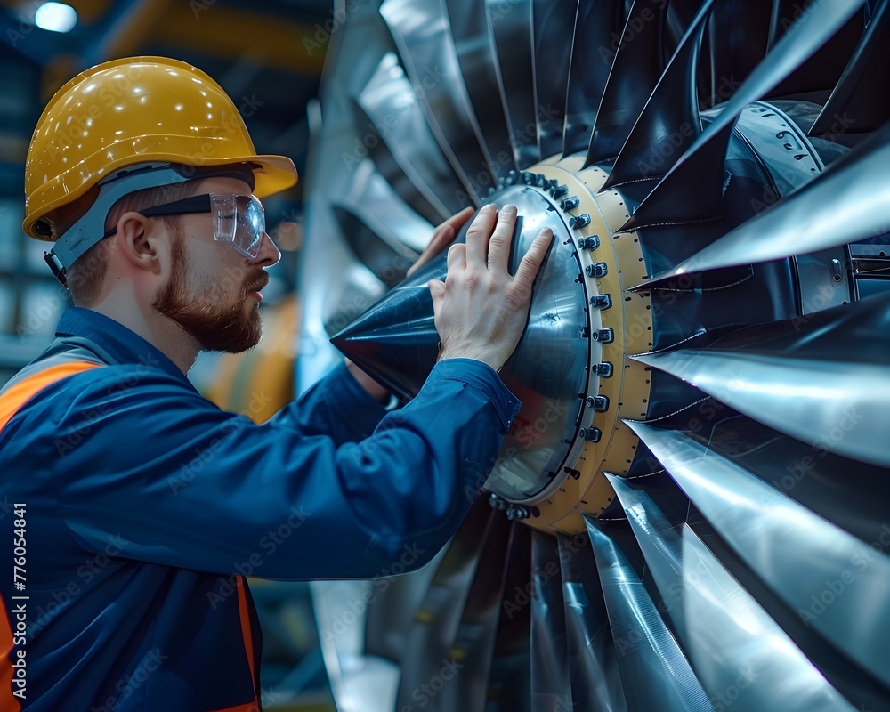 Poster engineer inspecting turbine of jet engine for safety and performance optimization