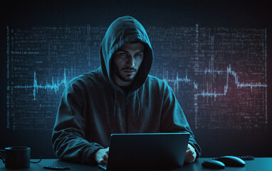 Fraud or scam background. Abstract hacker behind the monitor hologram with programmer code....