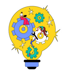 People work to realize an idea, a light bulb, a gear mechanism - 776054846