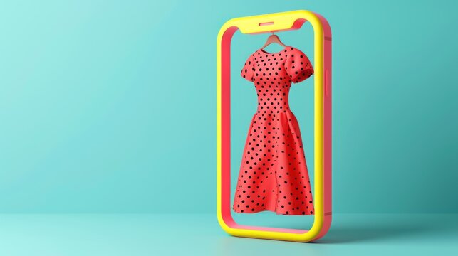 Digitally rendered 3D smartphone featuring a selection of women's fashion items in a sleek presentation.
