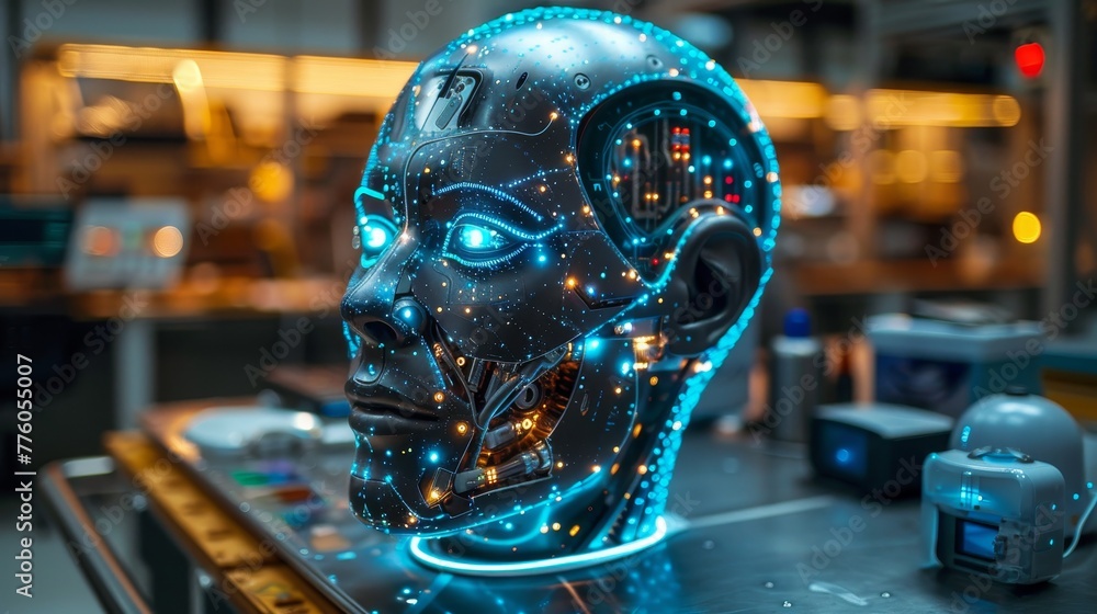 Aufkleber A robot head on a table on a computer screen in a future science lab. Robot. A robot with artificial intelligence or cyborg technology. Interface on a touch screen.