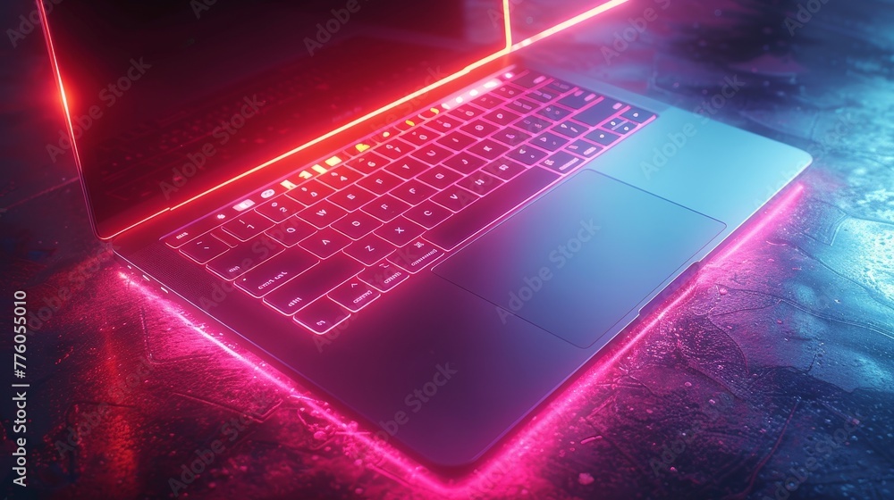 Poster Rotated laptop balances on corner, keyboard view on computer. Blue background. Conceptual illustration of computer technology. Notebook angled top view. The screen shines.