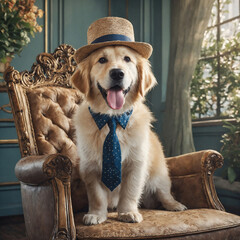 beautiful golden retriever with gentleman hat and tie in elegant room like humorous jolly dog concept