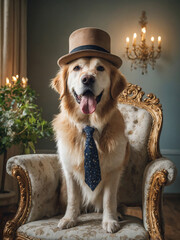 beautiful golden retriever with gentleman hat and tie in elegant room like humorous jolly dog concept