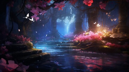 An enchanting scene with glowing petals and flowing leaves