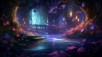 An enchanting scene with glowing petals and flowing leaves