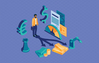 Business strategy isometric with different character element design vector illustration. People create strategy and planning tasks, making to do list, targeting and achieving different goals.