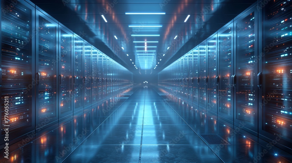 Poster A dark datacenter with light signals of data signals. Computer warehouse of data technology. Conceptual tech background of a hosting service.