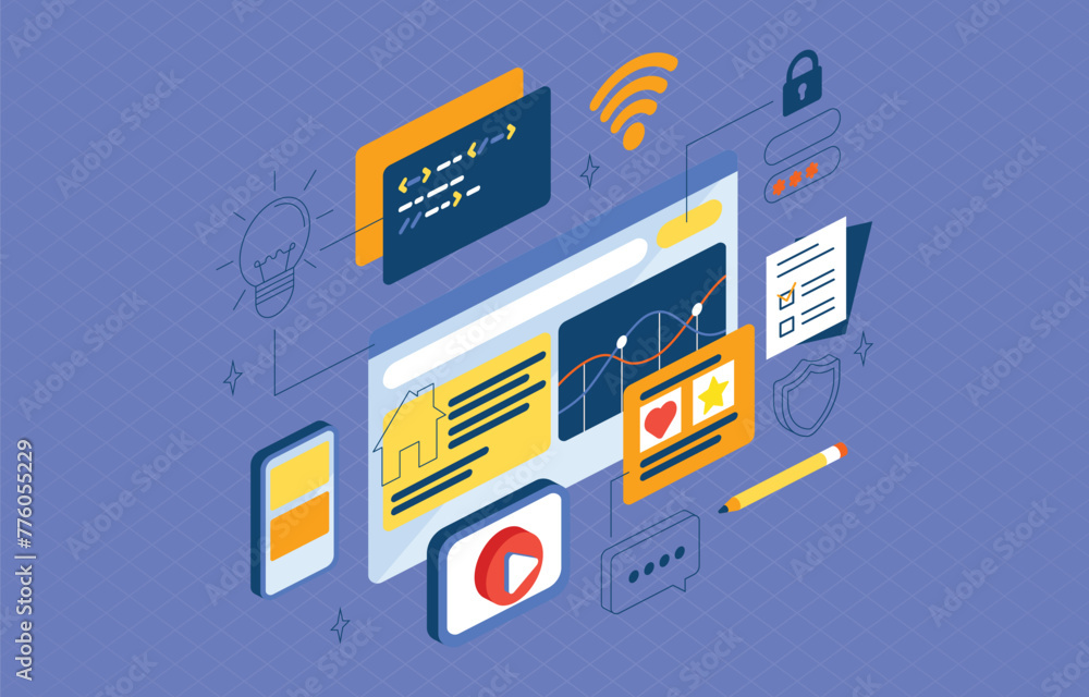 Poster online idea scurity isometric vector illustration. optimizing order management system for e-commerce