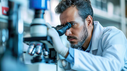 Scientist bearded man working with compound microscope in lab, banner