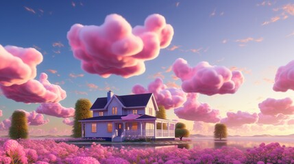 House under a sunset sky with fluffy pink cumulus clouds - obrazy, fototapety, plakaty