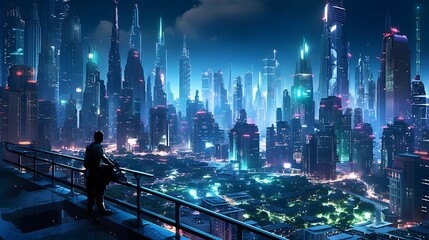 Night cityscape with skyscrapers and man on the bridge. Panorama