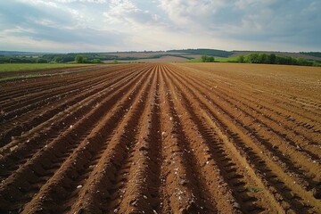 Overhead view of a plowed field with textured rows of soil
