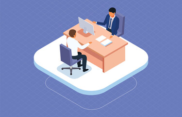 Obraz na płótnie Canvas Interview employee isometric vector illustration. Business People Related Modern 3d isometric Style Design, Cartoon Vector Illustration