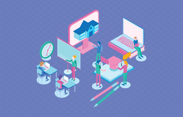 Student learning 3d isometric vector with different situation. Different college students studying vector illustration