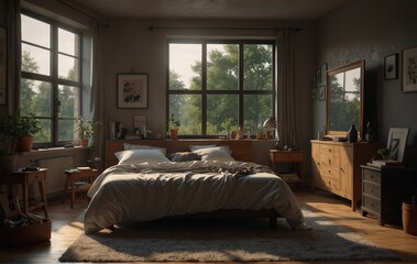 interior of a bedroom, Lazy morning in Studio . very realistic, 8k quality, hyper realistic, ultra realism
