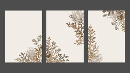 3 Covers With Hand Painted Watercolor Leaves, Dry Grass, Pampas Grass. Vector Templates