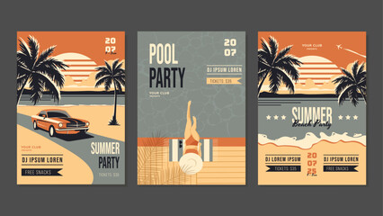 Summer Posters for Beach Parties and Poolside in Retro Style. Flat design. Travel, Vacation Concept. Vector