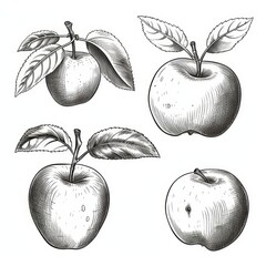 Apple fruit with leaf, set sketch. Hand drawn fruits.
