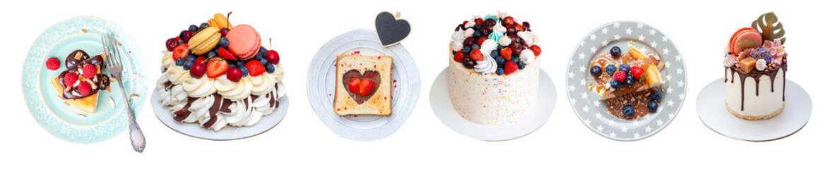 Set of isolated homemade desserts and cakes with fresh fruit berries. Toast, pavlova, slice of cheesecake and cakes. PNG, copy space