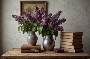 Home interior fancy stylish decor vintage, a bouquet of lilacs in a vase and books on a wooden clean table in a rustic style, against a white wall. Video blog concept. Very realistic, 8k quality, hype
