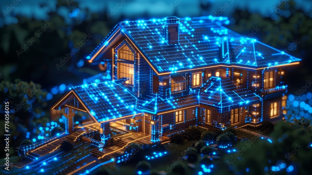 Poster Development and programming of algorithms for intelligent smart homes. Isometric rendering of smart home technology.
