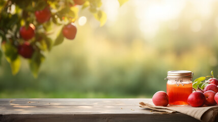 Ripe red apples beside jars of fresh honey, set on a rustic wooden table with a bountiful apple orchard in the sunny background. - obrazy, fototapety, plakaty