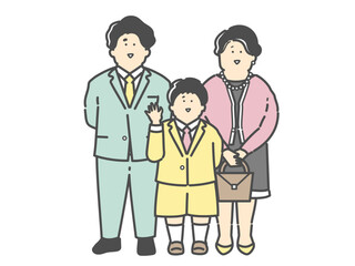 フォーマルな服装の若い夫婦と子供の家族イラスト（入園式　卒園式　入学式　卒業式）