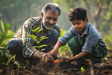 indian father and his son planting a tree in the garden