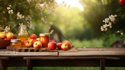 Ripe red apples beside jars of fresh honey, set on a rustic wooden table with a bountiful apple orchard in the sunny background.