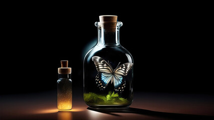 Obraz na płótnie Canvas illustration of a glass bubble with magic pollen and a butterfly flying in it. a blue butterfly flutters inside a bottle with a magic potion