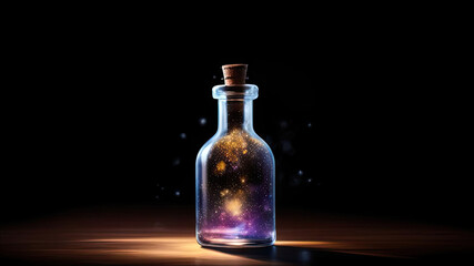 illustration of a glass bubble with magic pollen flying in it. shiny dust swirls inside a bottle with a wooden stopper