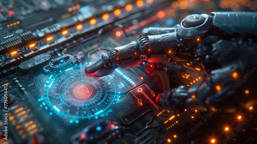 Poster Robot mechanical arm presses the index finger on the button on the touch screen to display virtual holographic interface. Artificial intelligence futuristic design concept. 3D rendering.