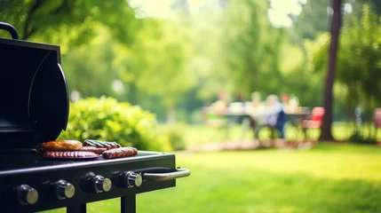 Fotobehang Barbecue Grill with the blurred green garden  © JH45