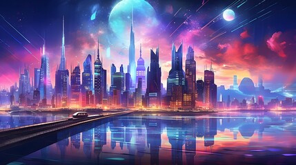 Fototapeta na wymiar Futuristic city panorama with illuminated skyscrapers at night