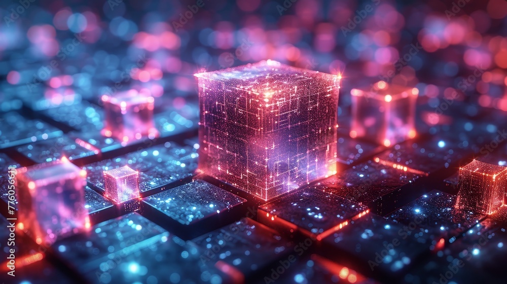 Poster Banner concept of digital technology. Cube or block as matrix of digits sharing abstract data with the world as a whole through the internet. Cloud computing, networking, shared access. 3D rendering.
