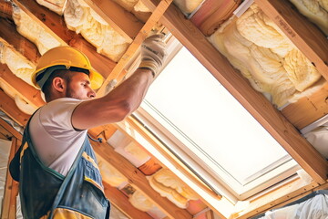 A construction worker installing an attic window to a house from inside