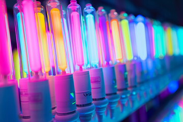 Fototapeta premium A long exposure shot of a lineup of neon lights emitting a bright and colorful spectrum on a dark background