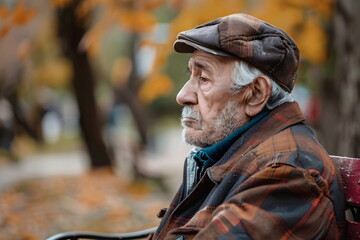 portrait of sad old man sitting on a bench in a park - obrazy, fototapety, plakaty