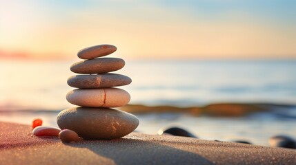 Bathed in sunlight, a stable stack of stones rests on the tranquil beach. - obrazy, fototapety, plakaty