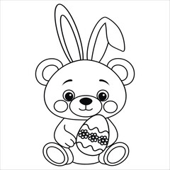 Easter bear with egg. Animal Teddy kawaii character. Line drawing, coloring book. Kids collection. Vector illustration