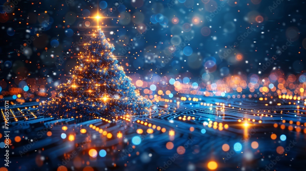 Aufkleber This template is for New Year and Happy Christmas cards in the style of new technology. Christmas tree on printed circuit board 2023 year. Snowfall from electronic pulses and signals.