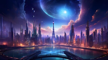 Futuristic city at night. Panoramic view of the city