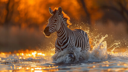 A zebra run across ponds,golden hour,generative ai - obrazy, fototapety, plakaty