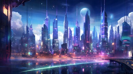 Futuristic city at night with neon lights. Panorama.