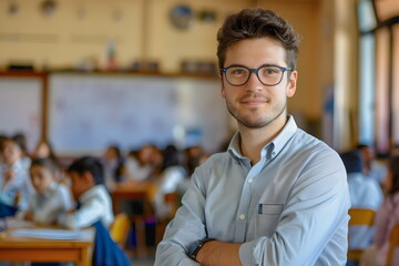 Portrait of a young male teacher standing in a classroom at school - obrazy, fototapety, plakaty