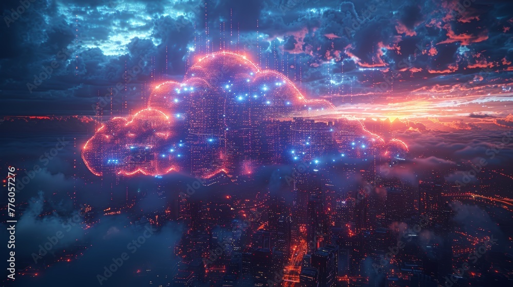 Poster Computer networking, cloud computing, data storage, and cloud internet storage conceptual banner. Data storage in an image skyscraper. Digital hardware, electronics, and computers conceptual banner.