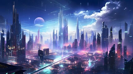 Futuristic city at night. Panoramic cityscape with skyscrapers and neon lights