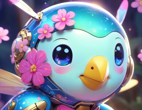 A captivating robotic bird character adorned with pink flowers, showcasing vibrant blue colors and a friendly demeanor, ideal for playful and futuristic stock imagery