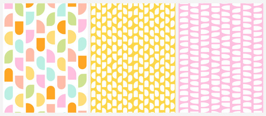 Colorful Seamless Patterns. Simple Pastel Color Geometric Prints with White Elements Isolated on a Yellow and Light Pink Background. Colorful Spots on a White. Modern Cute Endless Patterns.  - 776057415